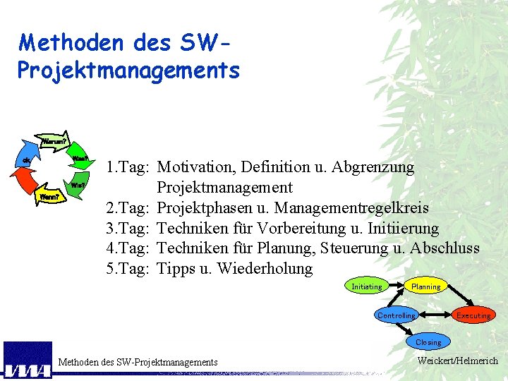 Methoden des SWProjektmanagements Warum? Was? ok Wie? Wann? 1. Tag: Motivation, Definition u. Abgrenzung