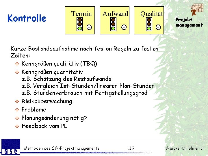 Kontrolle Termin + Aufwand + Qualität + Projektmanagement Kurze Bestandsaufnahme nach festen Regeln zu