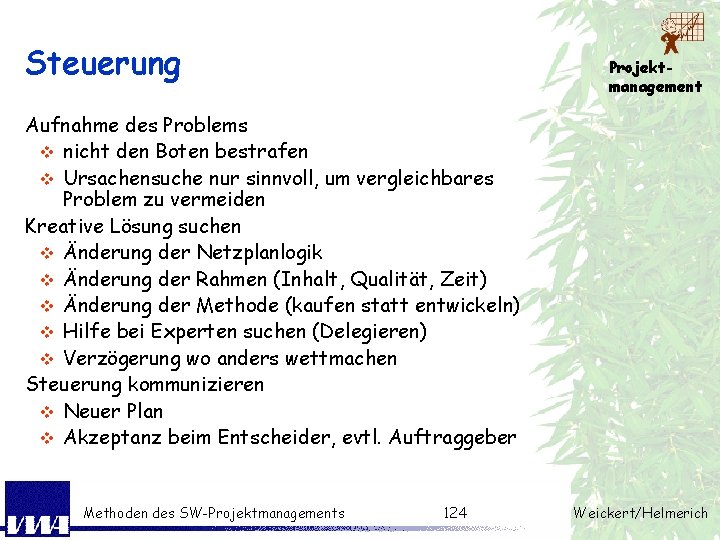 Steuerung Projektmanagement Aufnahme des Problems v nicht den Boten bestrafen v Ursachensuche nur sinnvoll,