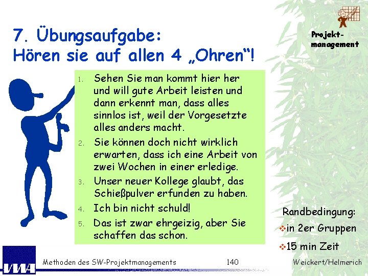 7. Übungsaufgabe: Hören sie auf allen 4 „Ohren“! 1. 2. 3. 4. 5. Sehen