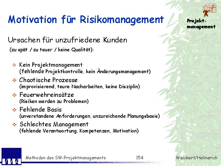 Motivation für Risikomanagement Projektmanagement Ursachen für unzufriedene Kunden (zu spät / zu teuer /