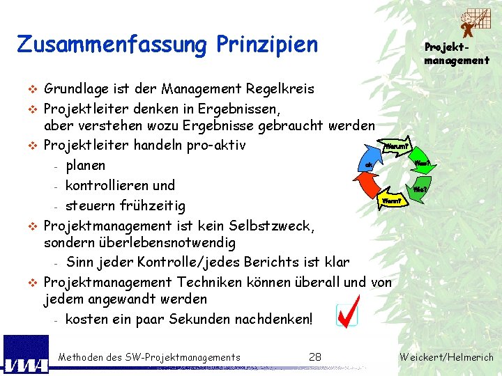 Zusammenfassung Prinzipien v v v Projektmanagement Grundlage ist der Management Regelkreis Projektleiter denken in