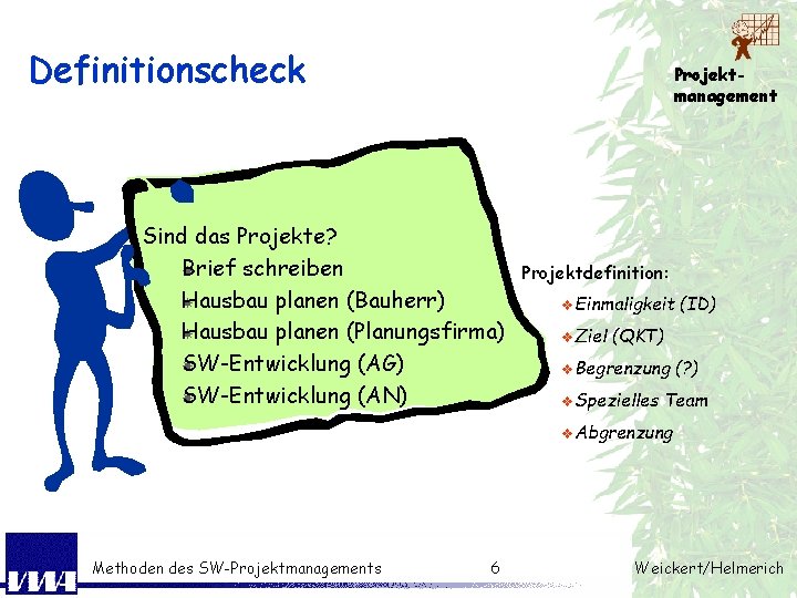 Definitionscheck Projektmanagement Sind das Projekte? Brief schreiben Hausbau planen (Bauherr) Hausbau planen (Planungsfirma) SW-Entwicklung