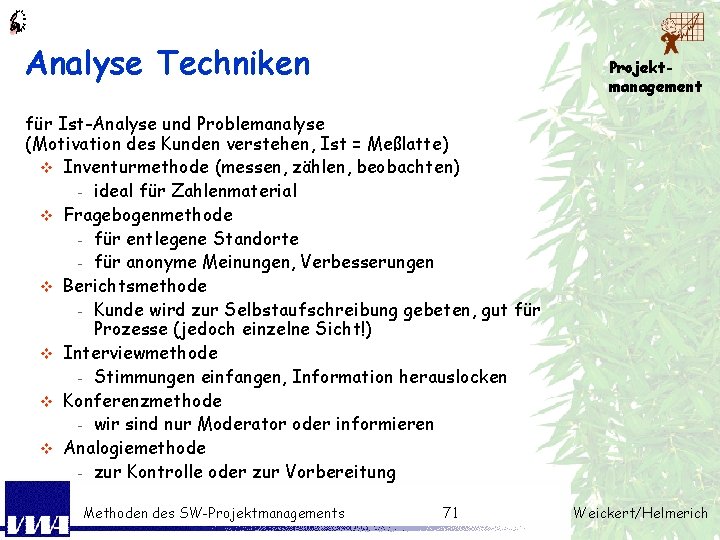 Analyse Techniken Projektmanagement für Ist-Analyse und Problemanalyse (Motivation des Kunden verstehen, Ist = Meßlatte)