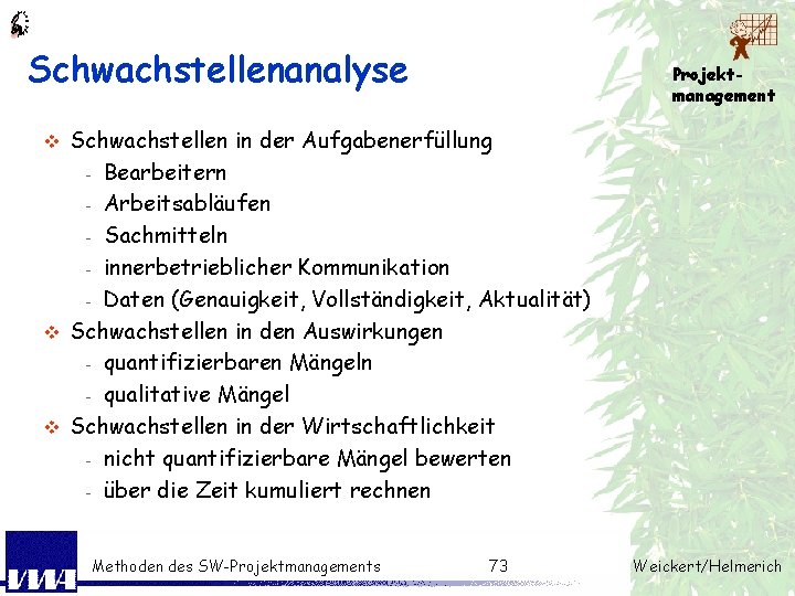 Schwachstellenanalyse Projektmanagement Schwachstellen in der Aufgabenerfüllung - Bearbeitern - Arbeitsabläufen - Sachmitteln - innerbetrieblicher