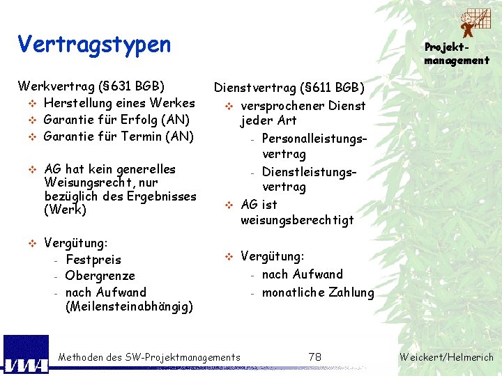 Vertragstypen Werkvertrag (§ 631 BGB) v Herstellung eines Werkes v Garantie für Erfolg (AN)