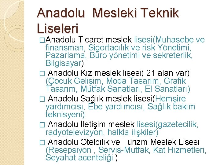 Anadolu Mesleki Teknik Liseleri �Anadolu Ticaret meslek lisesi(Muhasebe ve finansman, Sigortacılık ve risk Yönetimi,