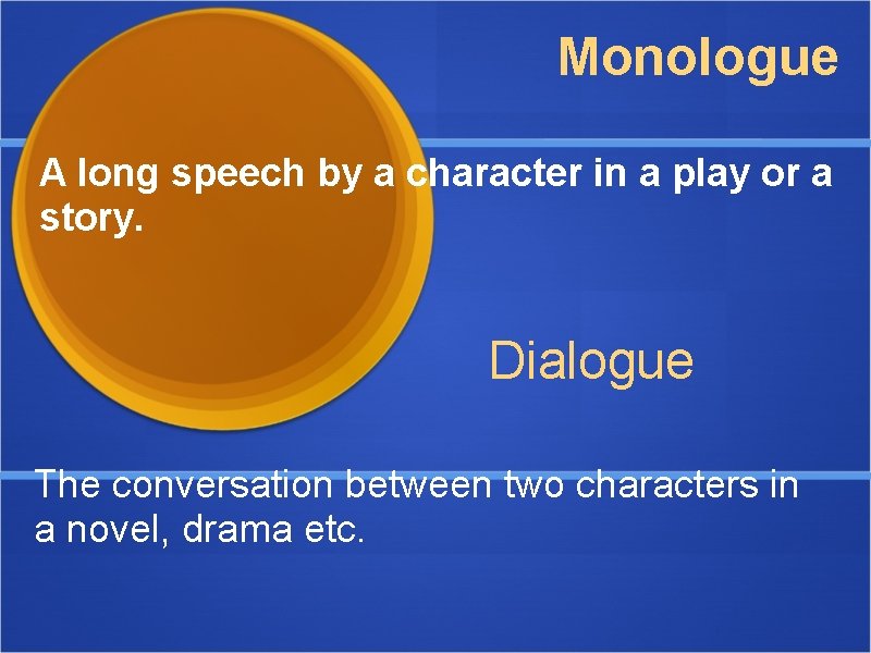 Monologue A long speech by a character in a play or a story. Dialogue Monologue A long speech by a character in a play or a story. Dialogue