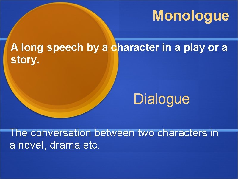 Monologue A long speech by a character in a play or a story. Dialogue