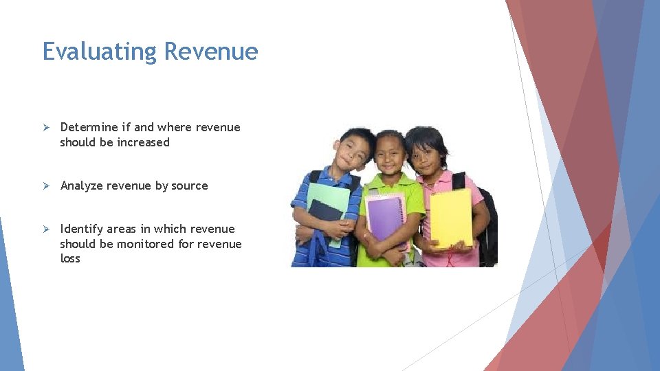 Evaluating Revenue Ø Determine if and where revenue should be increased Ø Analyze revenue