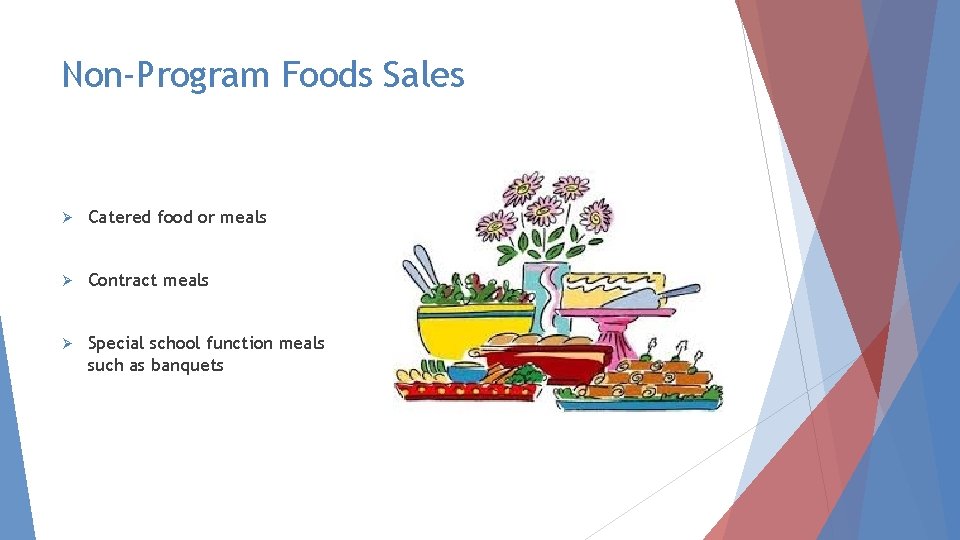 Non-Program Foods Sales Ø Catered food or meals Ø Contract meals Ø Special school