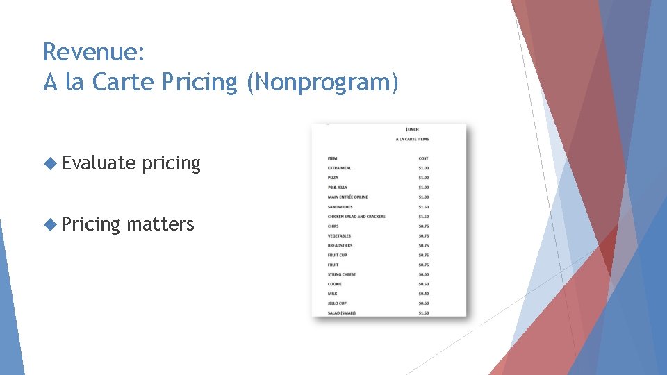 Revenue: A la Carte Pricing (Nonprogram) Evaluate Pricing pricing matters 