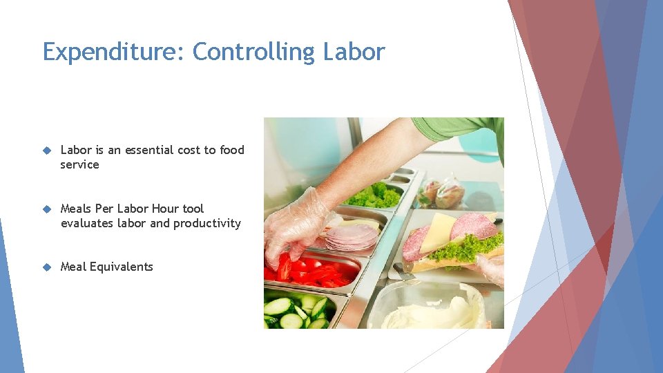 Expenditure: Controlling Labor is an essential cost to food service Meals Per Labor Hour