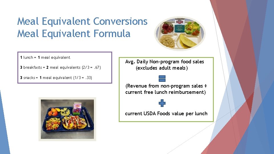 Meal Equivalent Conversions Meal Equivalent Formula 1 lunch = 1 meal equivalent 3 breakfasts