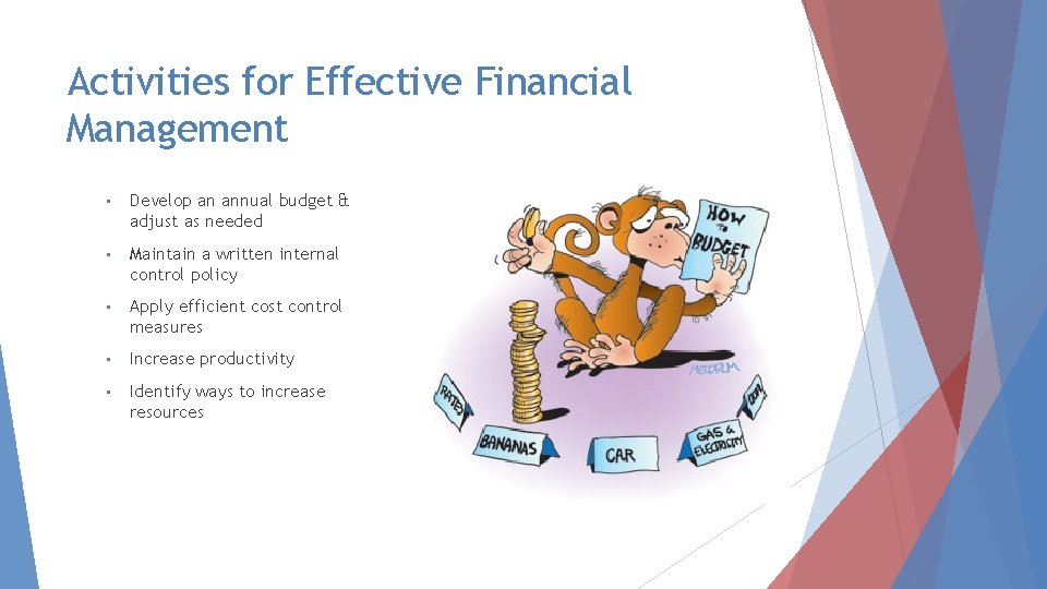Activities for Effective Financial Management • Develop an annual budget & adjust as needed