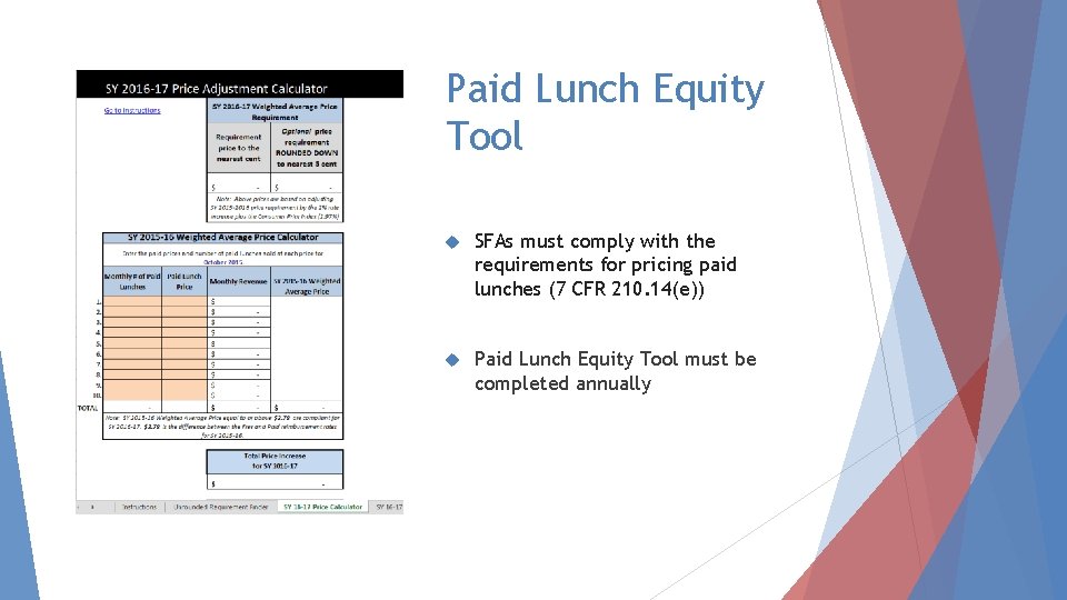 Paid Lunch Equity Tool SFAs must comply with the requirements for pricing paid lunches