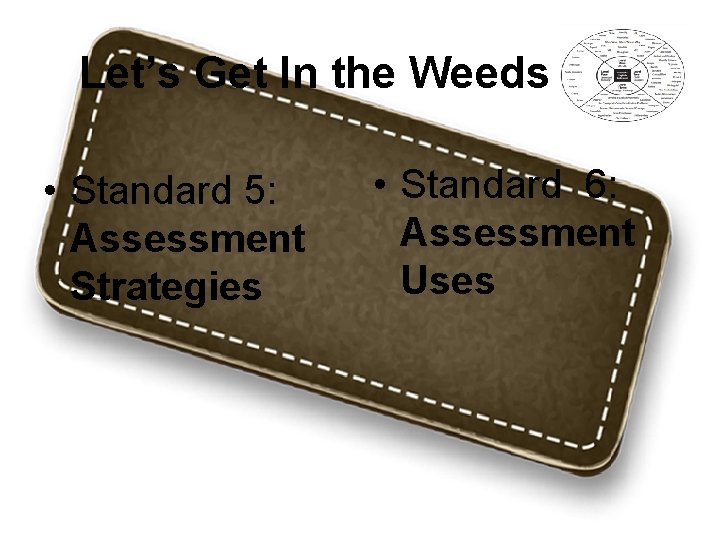 Let’s Get In the Weeds • Standard 5: Assessment Strategies • Standard 6: Assessment