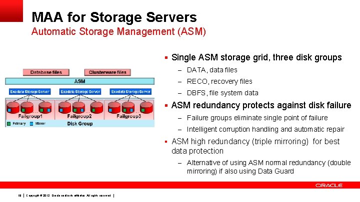 MAA for Storage Servers Automatic Storage Management (ASM) § Single ASM storage grid, three