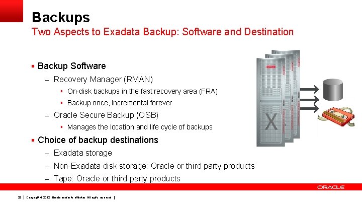 Backups Two Aspects to Exadata Backup: Software and Destination § Backup Software – Recovery