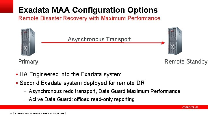 Exadata MAA Configuration Options Remote Disaster Recovery with Maximum Performance Asynchronous Transport Primary Remote
