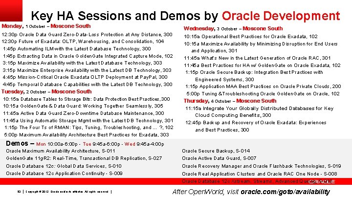Key HA Sessions and Demos by Oracle Development Monday, 1 October – Moscone South