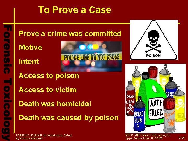 To Prove a Case Prove a crime was committed Motive Intent Access to poison