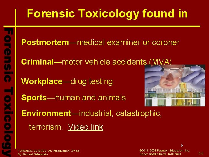Forensic Toxicology found in Postmortem—medical examiner or coroner Criminal—motor vehicle accidents (MVA) Workplace—drug testing