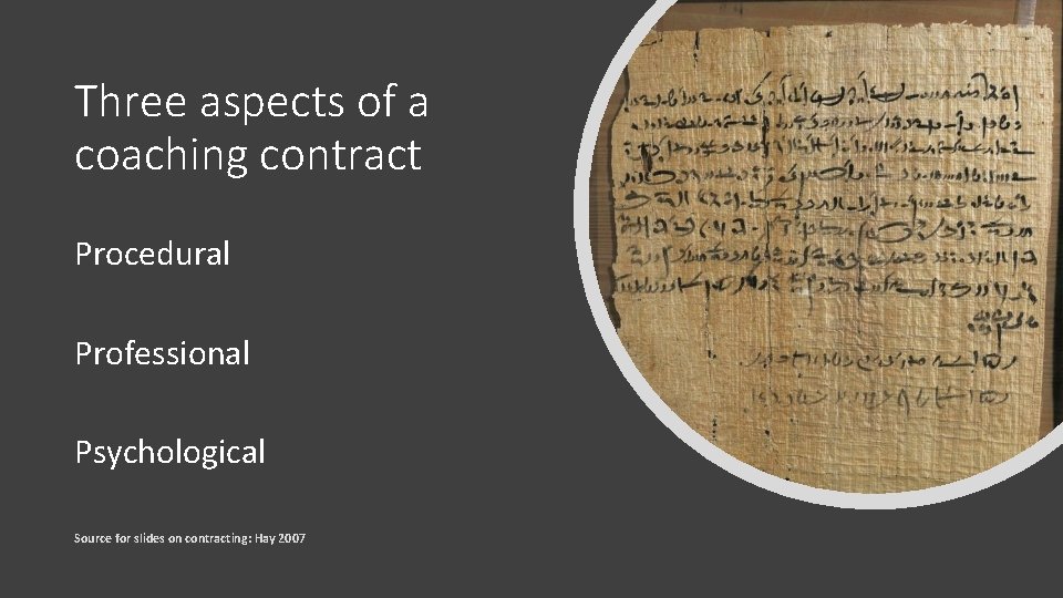 Three aspects of a coaching contract Procedural Professional Psychological Source for slides on contracting: