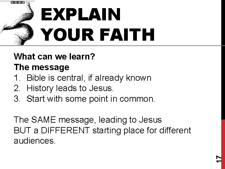 EXPLAIN YOUR FAITH What can we learn? The message 1. Bible is central, if