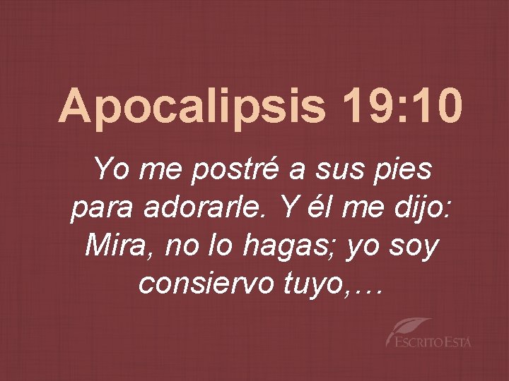 Apocalipsis 19: 10 Yo me postré a sus pies para adorarle. Y él me