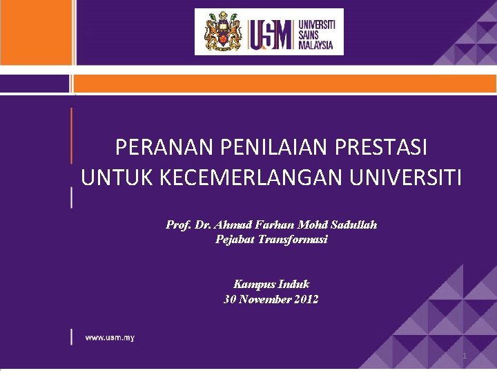 PERANAN PENILAIAN PRESTASI UNTUK KECEMERLANGAN UNIVERSITI Prof. Dr. Ahmad Farhan Mohd Sadullah Pejabat Transformasi PERANAN PENILAIAN PRESTASI UNTUK KECEMERLANGAN UNIVERSITI Prof. Dr. Ahmad Farhan Mohd Sadullah Pejabat Transformasi
