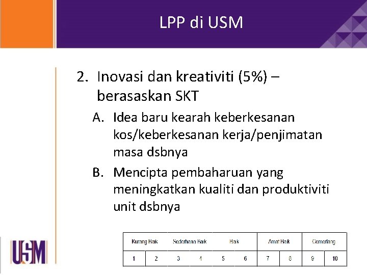 LPP di USM 2. Inovasi dan kreativiti (5%) – berasaskan SKT A. Idea baru LPP di USM 2. Inovasi dan kreativiti (5%) – berasaskan SKT A. Idea baru