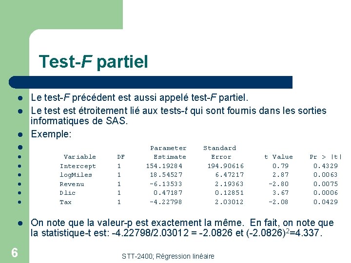 Test-F partiel l Le test-F précédent est aussi appelé test-F partiel. Le test étroitement