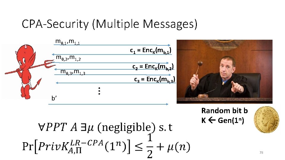 CPA-Security (Multiple Messages) m 0, 1, m 1, 1 c 1 = Enc. K(mb,