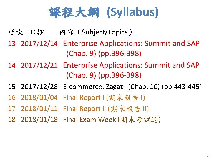 課程大綱 (Syllabus) 週次 日期 內容（Subject/Topics） 13 2017/12/14 Enterprise Applications: Summit and SAP (Chap. 9)