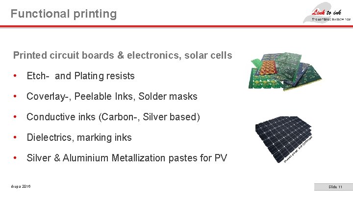 Functional printing Printed circuit boards & electronics, solar cells • Etch- and Plating resists Functional printing Printed circuit boards & electronics, solar cells • Etch- and Plating resists