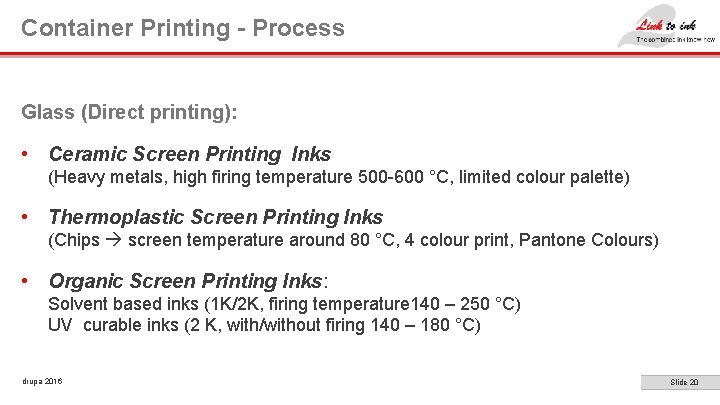 Container Printing - Process Glass (Direct printing): • Ceramic Screen Printing Inks (Heavy metals,