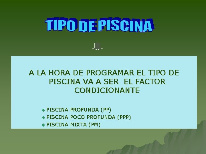A LA HORA DE PROGRAMAR EL TIPO DE PISCINA VA A SER EL FACTOR
