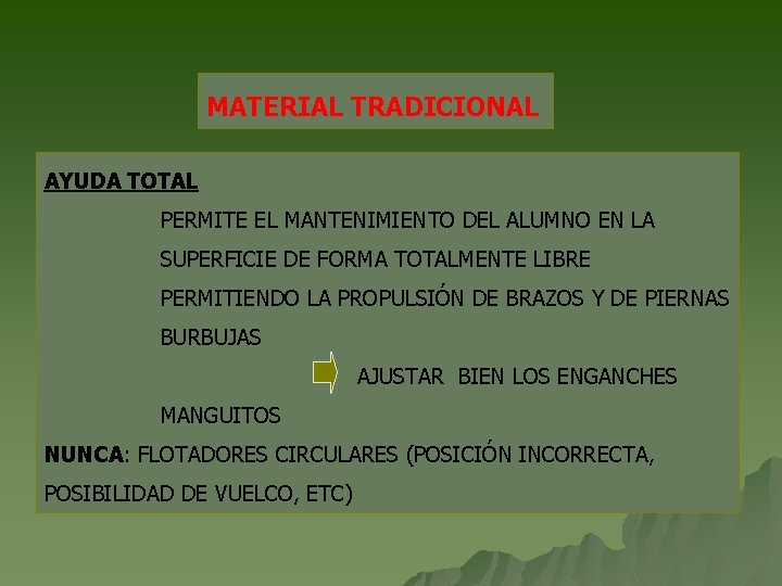MATERIAL TRADICIONAL AYUDA TOTAL PERMITE EL MANTENIMIENTO DEL ALUMNO EN LA SUPERFICIE DE FORMA