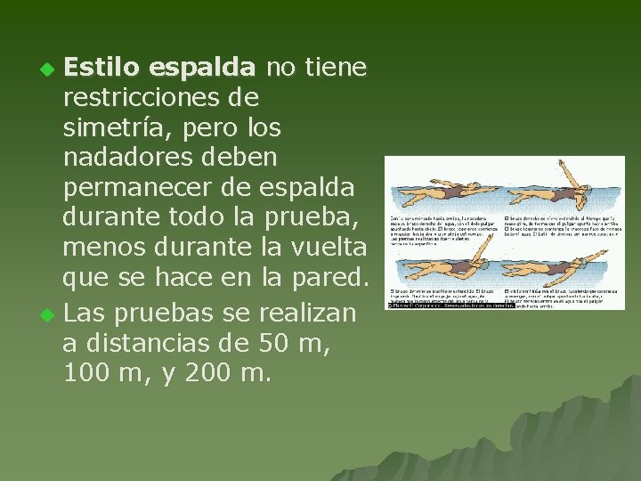 Estilo espalda no tiene restricciones de simetría, pero los nadadores deben permanecer de espalda