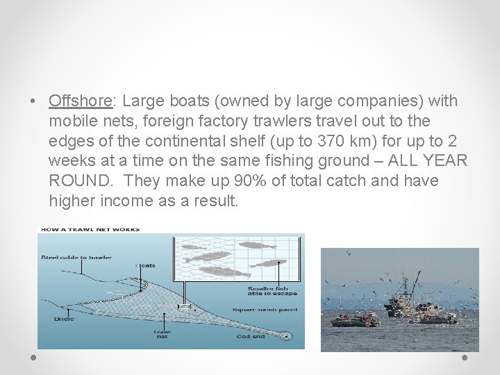  • Offshore: Large boats (owned by large companies) with mobile nets, foreign factory