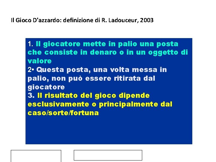 Il Gioco D'azzardo: definizione di R. Ladouceur, 2003 1. Il giocatore mette in palio