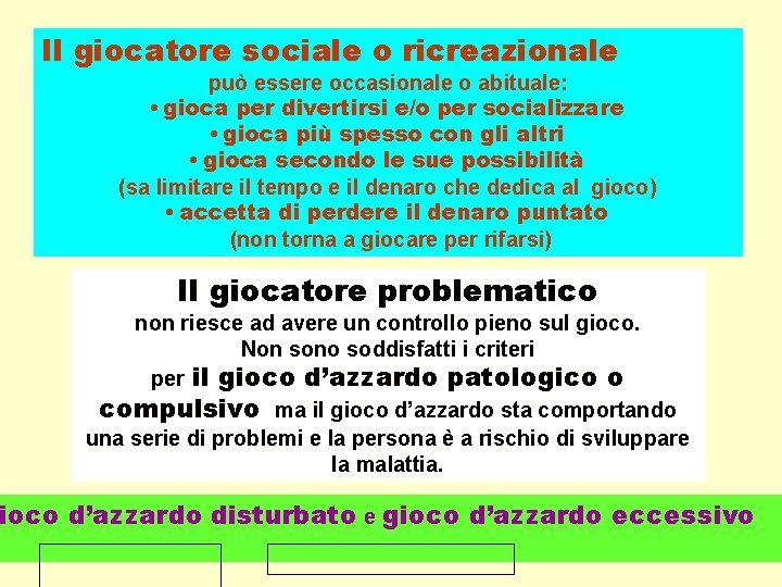 Il giocatore sociale o ricreazionale può essere occasionale o abituale: • gioca per divertirsi