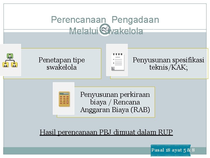 Perencanaan Pengadaan 26 Melalui Swakelola Penetapan tipe swakelola Penyusunan spesifikasi teknis/KAK; Penyusunan perkiraan biaya