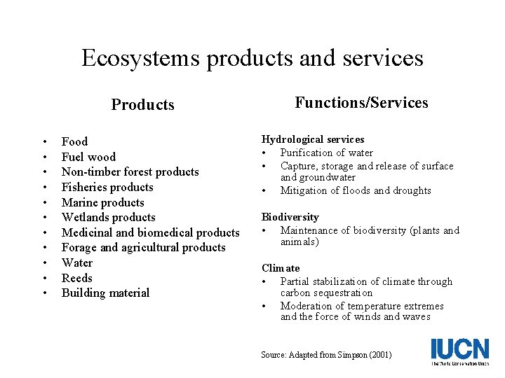 Ecosystems products and services Products • • • Food Fuel wood Non-timber forest products