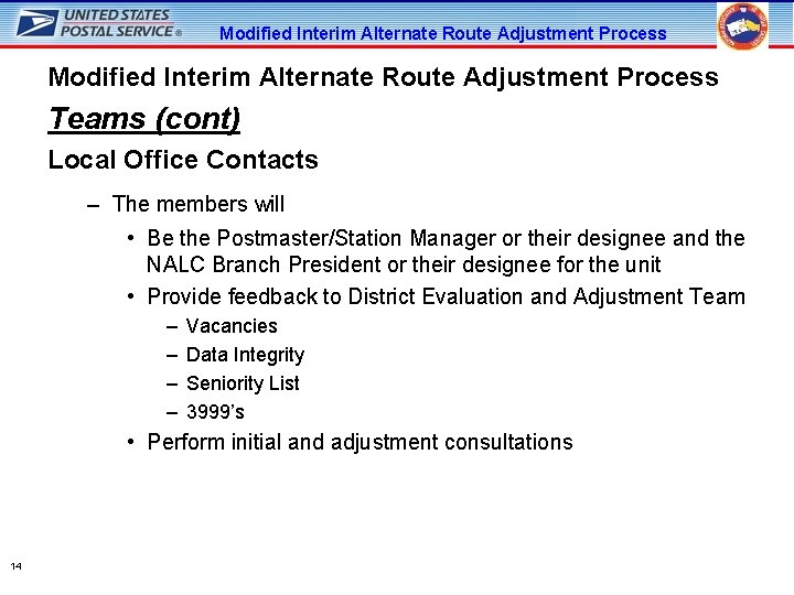 Modified Interim Alternate Route Adjustment Process Teams (cont) Local Office Contacts – The members