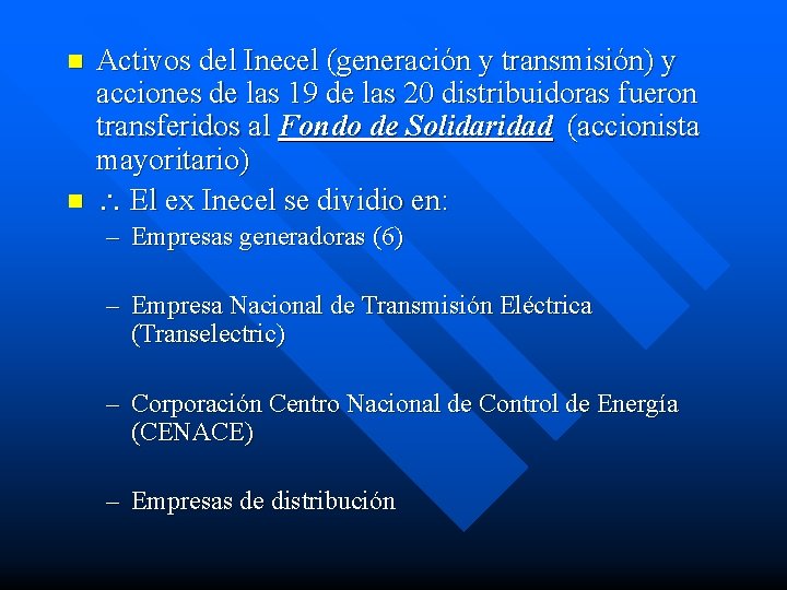 n n Activos del Inecel (generación y transmisión) y acciones de las 19 de