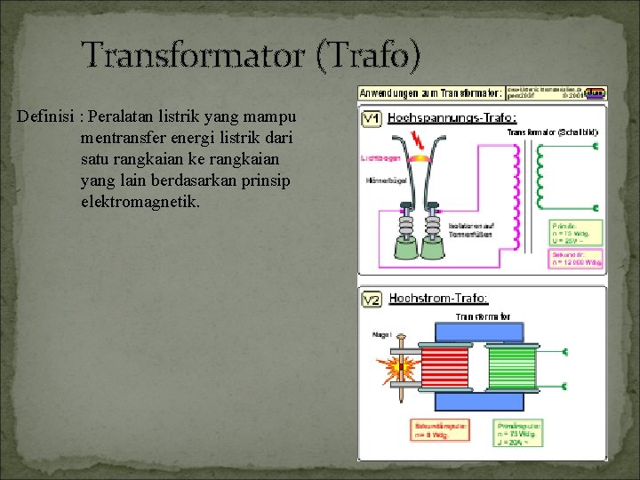 Transformator (Trafo) Definisi : Peralatan listrik yang mampu mentransfer energi listrik dari satu rangkaian