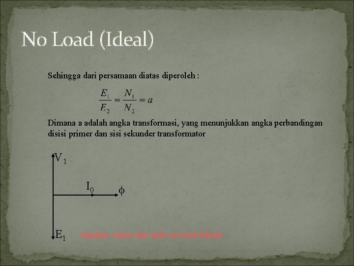 No Load (Ideal) Sehingga dari persamaan diatas diperoleh : Dimana a adalah angka transformasi,