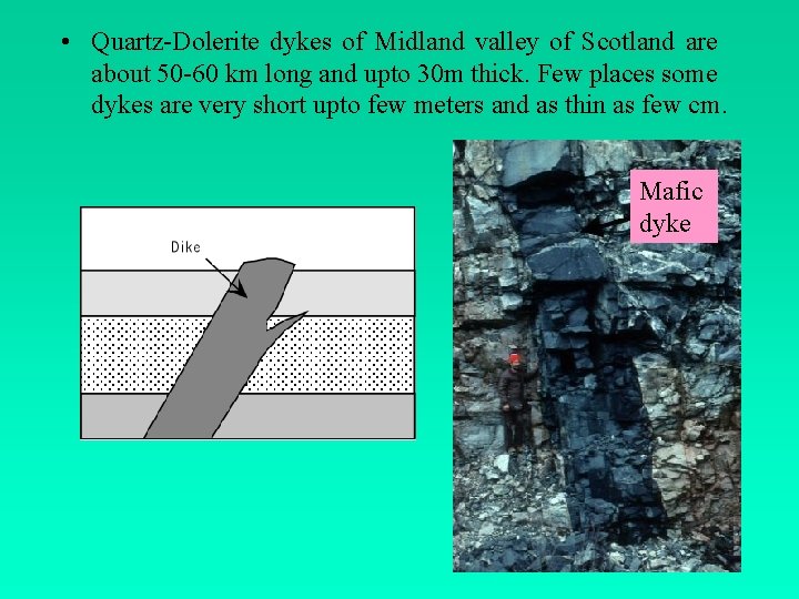 • Quartz-Dolerite dykes of Midland valley of Scotland are about 50 -60 km • Quartz-Dolerite dykes of Midland valley of Scotland are about 50 -60 km
